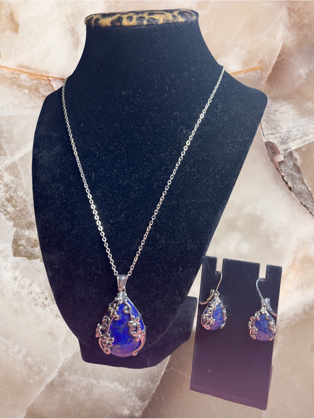 Lapis Lazuli Teardrop Pendant  Stainless Steel Chain And Earrings Set
